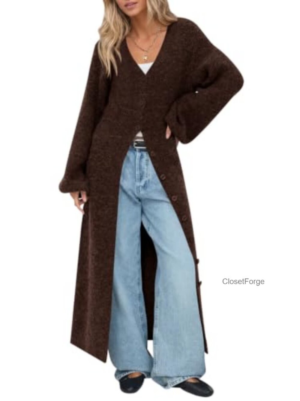 Oversized Long Button-Up V-Neck Cardigan Sweater Coat